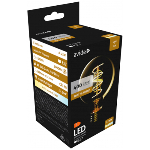 LED spuldze Soft Filament G80 / E27 / 4.5W / 400Lm / 360° / WW - silti balts / 2700K / 5999097947303 / 10-1841