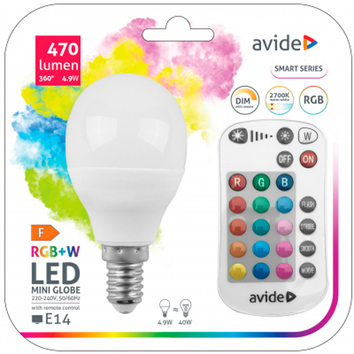 LED Daudzkrāsaina spuldze ar pulti E14 / 4.9W / RGB+W / 2700K / 470Lm / 180°/ Avide / 5999097933146 / 10-1521