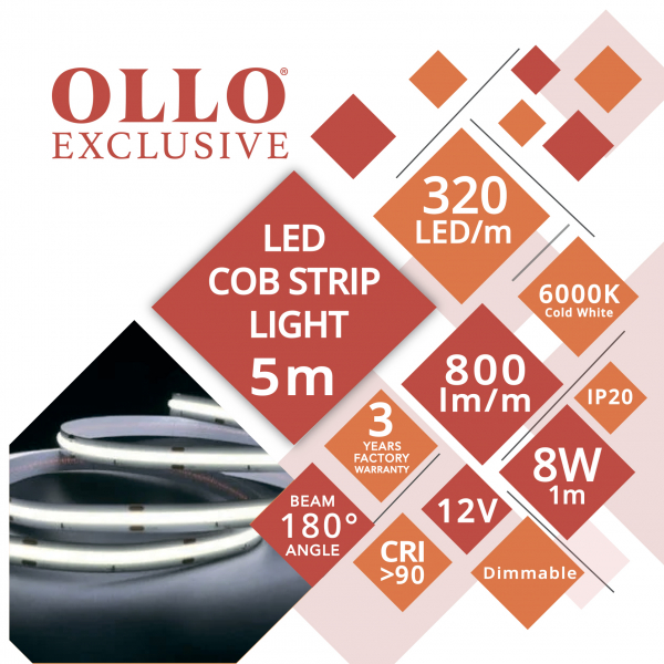 LED COB lente 12V / 8W/m / 6000K / CW - auksti balts / 800lm/m / CRI >90 / DIMMABLE / IP20 / OLLO / 5m iepakojumā / Nepārtraukta izgaismojuma LED lente / bez punktiem / 4752233010085 / 05-9503