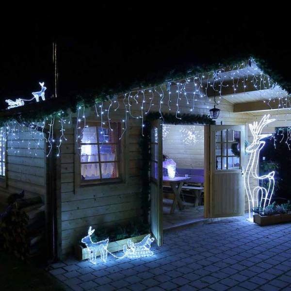 LED Ziemassvētku āra un iekštelpu lāstekas ar kristāliem / 300 LED diodi / auksti balta + silti balts zibspuldzes efekts / 15W / 11m / IP44 / savienojamā / 19-508