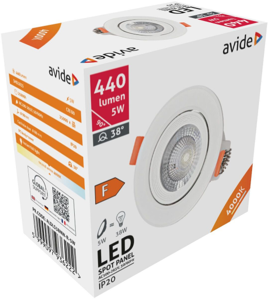 LED встраиваемый светильник Downlight 38° / 5W / NW - нейтральный белый / 4000K / 440lm / IP20 / Avide / 5999097936222 / 10-2410