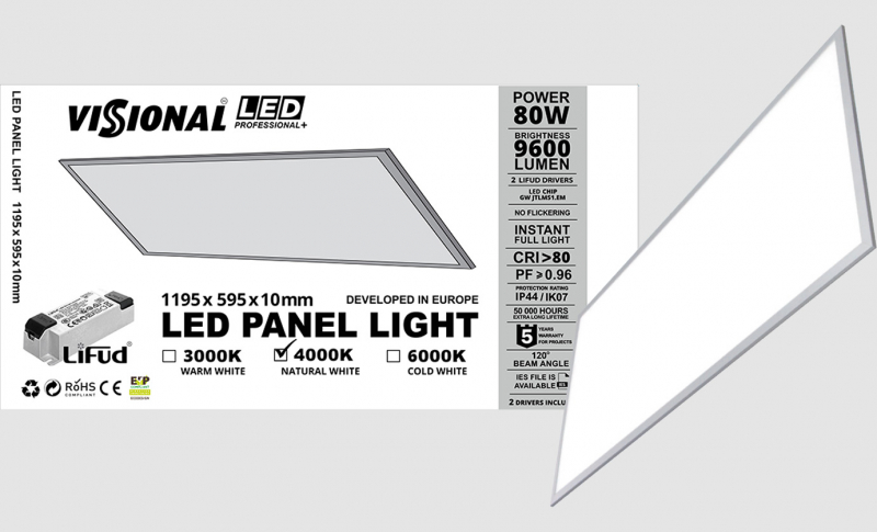 VISIONAL Professional+ LED Panelis 80W / 60 x 120 cm / 9600Lm / 2 x LIFUD draiveri komplektā / NEMIRGO / IP44 / IK07 / PF≥0.96 / CRI>80 / 120° / IES Files / 1195 x 595 mm / 5 gadu garantija projektiem / 4751027171063 / 02-1670