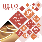 LED COB lente 12V / 8W/m / 4000K / NW - neitrāli balta  / 800lm/m / CRI >90 / DIMMABLE / IP20 / OLLO / 5m iepakojumā / Nepārtraukta izgaismojuma LED lente / bez punktiem / 4752233010078 / 05-9502 :: COB LED lente / Nepārtraukta izgaismojuma LED lente / bez punktiem
