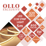 COB LED LENTE 12V / 8W/m / 3000K / WW - silti balta / 800lm/m / CRI >90 / DIMMABLE / IP20 / VISIONAL OLLO / 5m iepakojumā / 4752233010061 / 05-9501 :: LED lentes silti balta krāsā