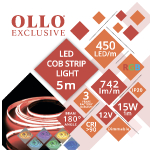 LED COB lente 12V / 15W/m /  RGB - daudzkrāsaina / 742lm/m / CRI >90 / DIMMABLE / IP20 / OLLO / 5m iepakojumā / Nepārtraukta izgaismojuma LED lente / bez punktiem / 4752233010153 / 05-9511 :: LED daudzkrāsainās lentes (RGB)