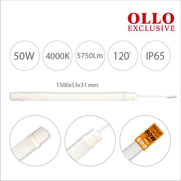 The price is only valid for purchases ONLINE WITH DELIVERY! / OLLO Exclusive LED linear luminaire 150cm / 50W / 5750Lm / IP65 / IK08 - impact resistant / 4000K - neutral white / no flickering / 4752233012584 / 03-546