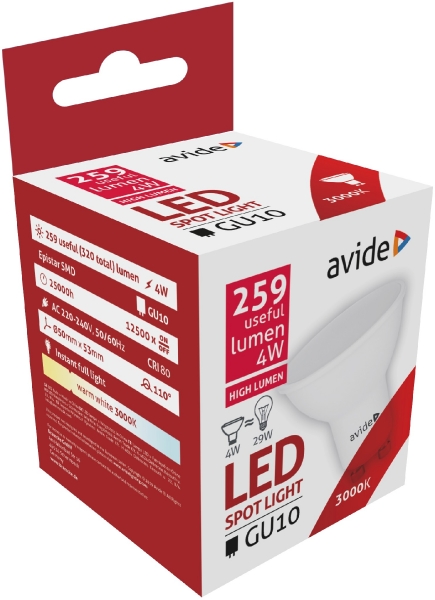 LED лампочка Spot GU10 / 4W / WW-теплый белый / 3000K / 320lm / Avide / 5999562286722 / 10-144