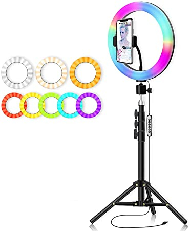 LED ring lamp with adjustable stand with remote control / Selfie lamp / 12 W / Ø 26 cm / 160 cm / 144 LED + 48 LED RGB / USB / warm - neutral - cold white + RGB - multicolor / 4752233010238 / 06-424