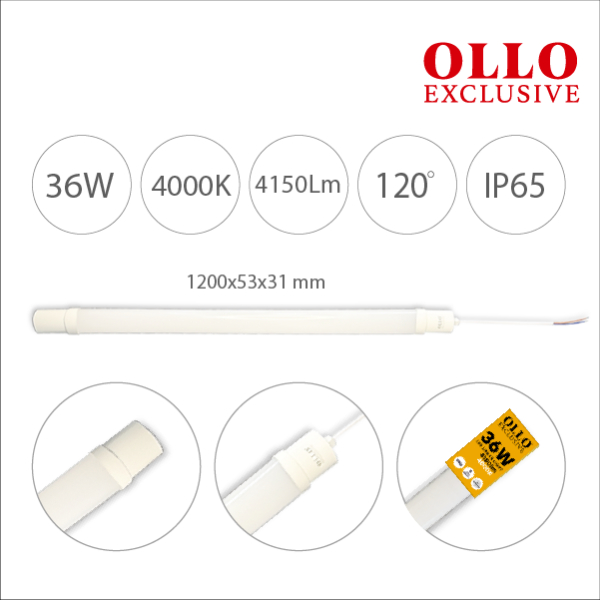The price is only valid for purchases ONLINE WITH DELIVERY! / OLLO Exclusive LED linear luminaire 120cm / 36W / 4150Lm / IP65 / IK08 - impact resistant / 4000K - neutral white / no flickering / 4752233012577 / 03-545