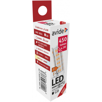  LED spuldze G9 / 4.2W / 220° / 450Lm / WW - silti balts / 3000K / Avide / 5999097943763 / 10-194