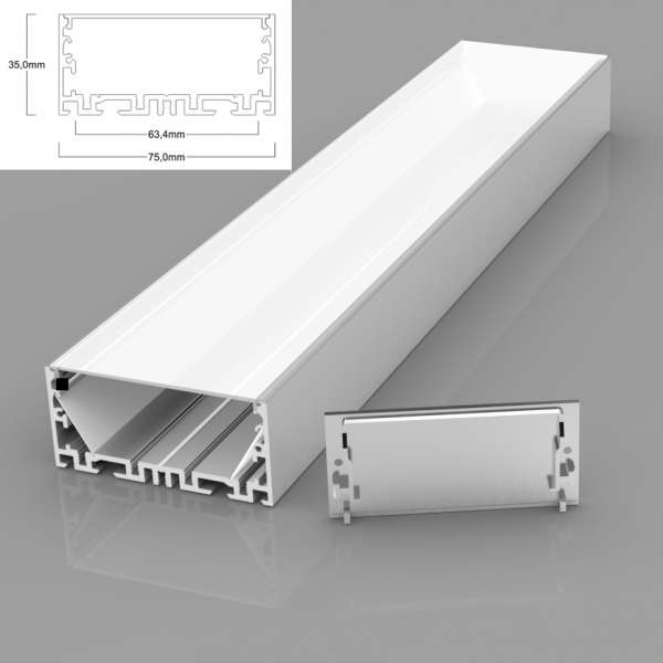 Anodized aluminum profile for corner LED strip / Profiles are sold without glass (body only) / Extends the life of the LED strip / Fixings and plugs included / 2m x 35 mm x 75 mm / 4751027177515 / 05-509