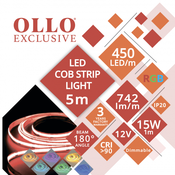 The price is only valid for purchases ONLINE WITH DELIVERY! / LED COB strip 12V / 15W/m /  RGB - multicolor / 742lm/m / CRI >90 / DIMMABLE / IP20 / OLLO / 5m/pack / 4752233010153 / 05-9511