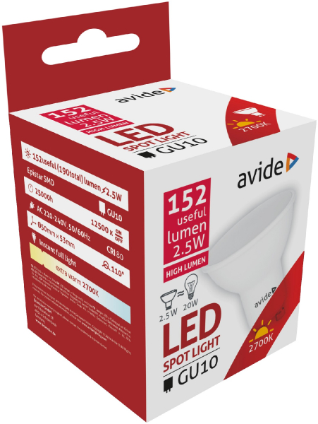LED лампочка GU10 / 2.5W / 110° / WW - 2700K / 190lm / Spot Alu+plastic / Avide / 5999097919621 / 10-1450