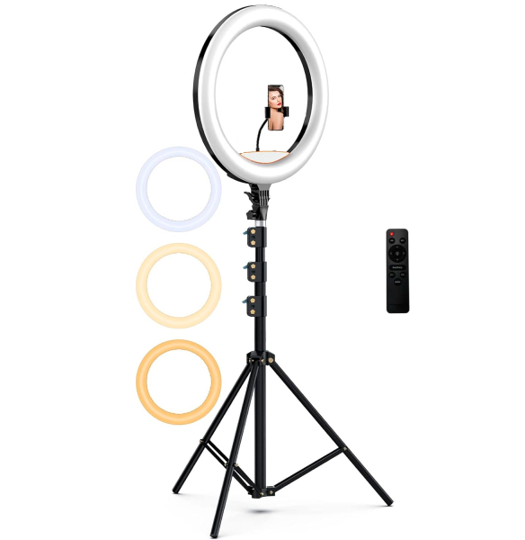 LED ring lamp with tripod, remote / Selfie lamp / 50W / Ø 45 cm / 200 cm / 480 LED / warm - neutral - cold white / 4752233012713 / 06-429
