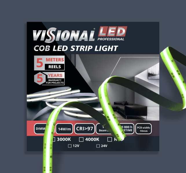 COB LED LENTE 12V / 14W/m / RGB - DAUDZKRĀSAINA / 742 LM/m / CRI >97 / DIMMABLE / IP20 / VISIONAL PROFESSIONAL / 5m iepakojumā / Nepārtraukta izgaismojuma LED lente / bez punktiem / 4752233010115 / 05-9506
