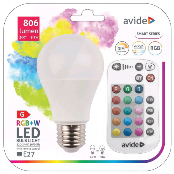 LED Smart лампочка с пультом / E27 / A60 / 9.7W / RGB+W / 2700K / Avide / 5999097933207 / 10-1509