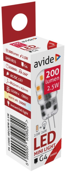 LED spuldze / 2.5W / G4 / 160° / WW / 200Lm / 3000K / Аvide / 5999097909820 / 10-173