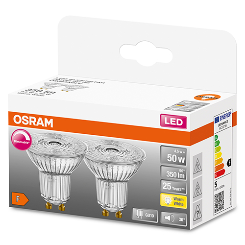 OSRAM LED spuldžu komplekts (2gab.)  GU10 / 4.5W / 350Lm / 36° / 2700K / WW - silti balts / LED SUPERSTAR PAR16 / 4058075589025 / 20-1204