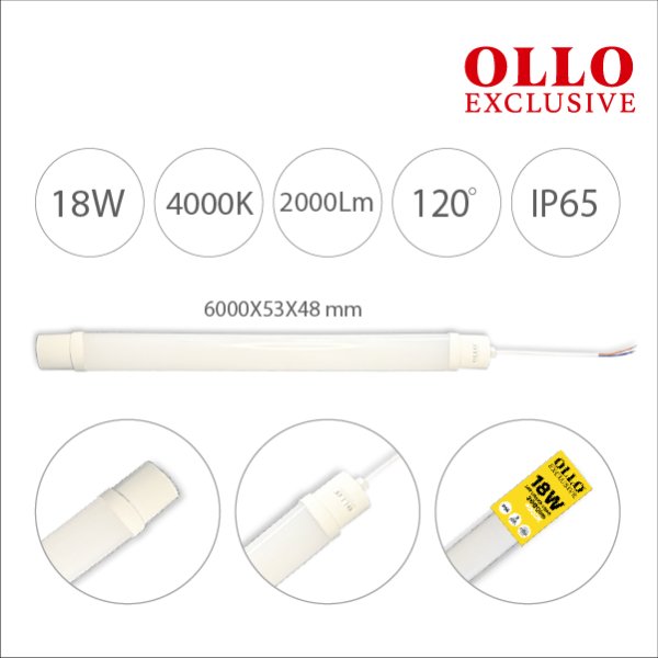 The price is only valid for purchases ONLINE WITH DELIVERY! / OLLO Exclusive LED linear luminaire 60cm / 18W / 2000Lm / IP65 / IK08 - impact resistant / 4000K - neutral white / does not flicker / 4752233012560 / 03-544