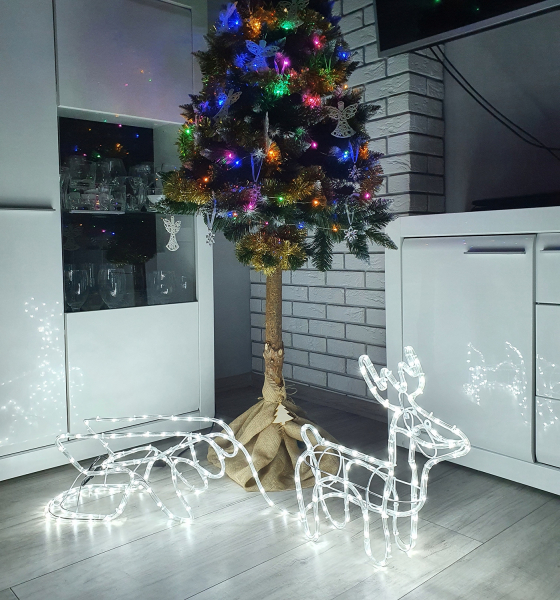 LED Рождественская фигура оленя с санями / Для наружного и внутреннего применения / Рождественский декор / 128 cм / CW - холодный белый / 3D / 5900779939738 / 19-126