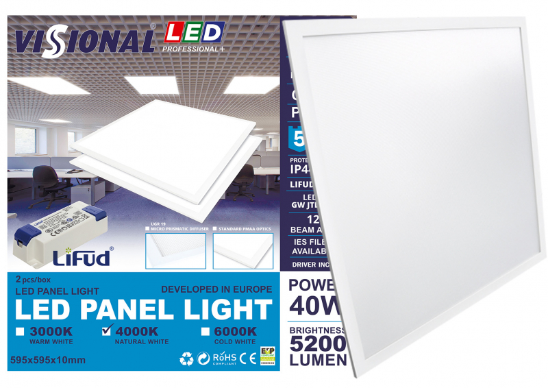 VISIONAL Professional+ LED panels (2 pcs. per pack) 40W / 5200Lm / LIFUD driver included / panels OSRAM LED chips / 60 x 60 cm / NON-FLICKER / IP44 / IK07 / PF≥0.96 / CRI>80 / PMAA 3mm glass / 120° / IES Files / 595 x 595 mm / 5 year project warranty / PRICE FOR 1 PIECE / 4752233006682 / 02-182