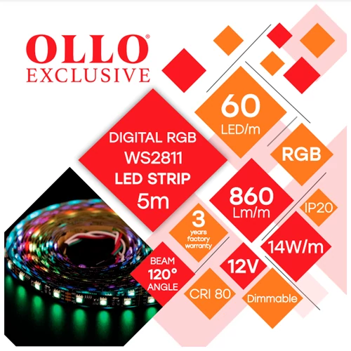 Adressable LED Strip WS2811, digital RGB, IP20, 12V, 14W