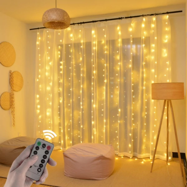 LED Christmas diode string - curtains copper wire with remote control, USB adapter and hangers