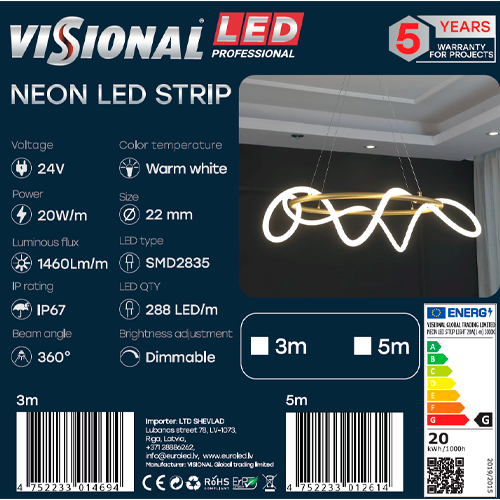 LED неоновая лента 3m, 3000K, IP67, 24V, 20W, NEON FLEX, Professional