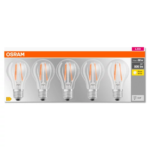 Set of filament LED bulbs (5 pcs.) E27, A60, 6W, 806Lm, 2700K