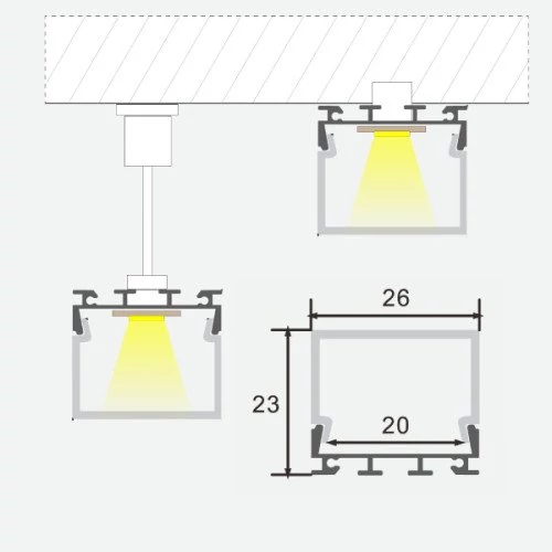 Anodēts augsts alumīnija profils 1-2 LED lentes rindām HB-26X23