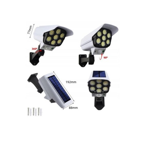 Outdoor facade luminaire with light and motion sensor on solar battery / simulation of a video surveillance camera / remote control included / 5V / 77 LED / 6000-6500K / 500Lm / IP65 / 120° / 8m / 2000509534622 / 03-896