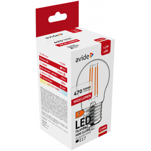 LED spuldze E27, G45, 4.5W, 470lm, 2700K, filament