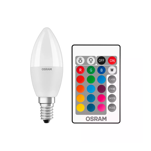 LED Многоцветная лампа с пультом E14, C37, 5.5W, 470lm, 2700K+RGB