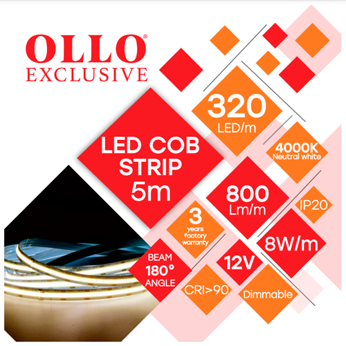 LED Strip COB 4000K, IP20, 12V, 8W