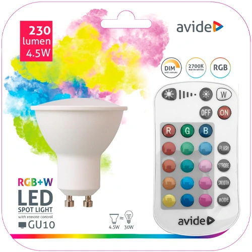 LED spuldze ar pulti GU10, 4.5W, 230Lm, 240°, RGB+WW