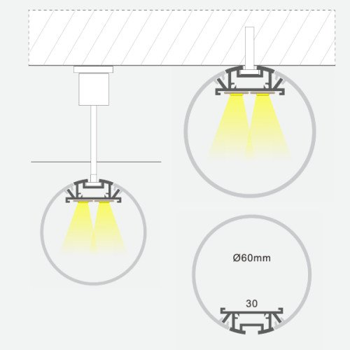 Круглый анодированный алюминиевый профиль для 1-3 рядов LED ленты HB-60D