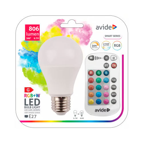 LED Многоцветная лампа с пультом E27, A60, 9.7W, 806lm, 2700K+RGB