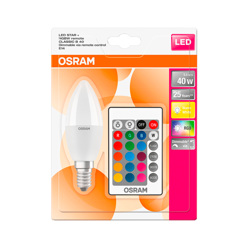 LED Multicolor bulb with remote E14, C37, 5.5W, 470lm, 2700K+RGB