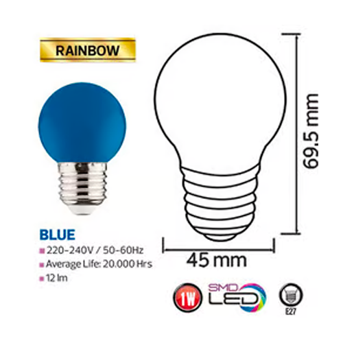 LED bulb E27, G45, 1W, 12lm, blue