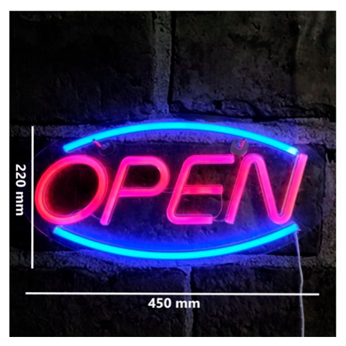 LED Neon light sign - open, red and blue