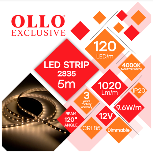 LED strip 2835, 4000K, IP20, 12V, 9.6W