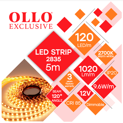 LED strip 2835, 2700K, IP20, 12V, 9.6W