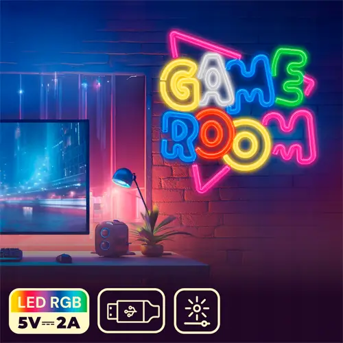 LED Neon light sign GAME ROOM, USB 5V, 35x32x1.5 cm