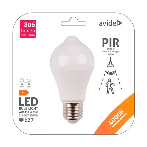 LED spuldze ar kustības (PIR) un krēslas sensoru E27, A60, 8.8W, 806lm, 4000K