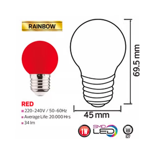 LED лампа E27, G45, 1W, 34lm, красная