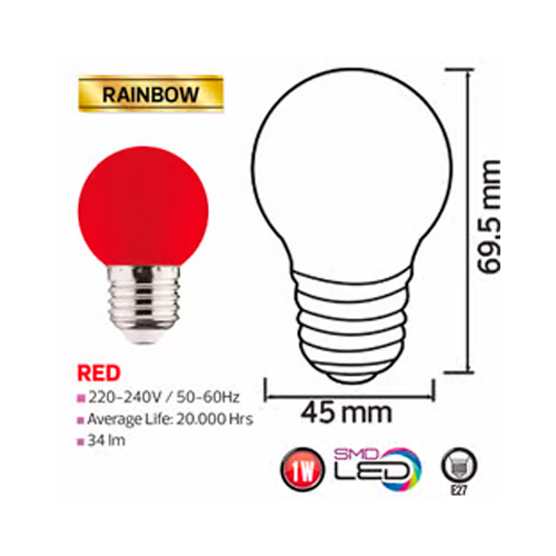 LED spuldze E27, G45, 1W, 34lm, sarkanā