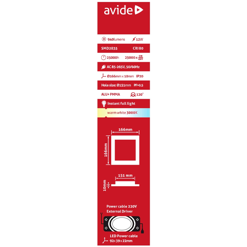 LED iebūvējams panelis 12W, 940lm, 3000K, IP20, 120°