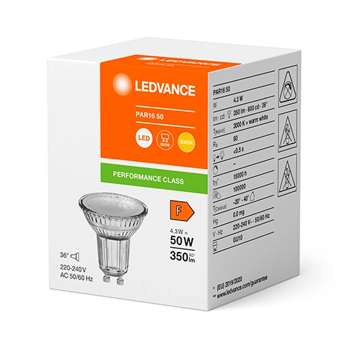 LED лампа GU10 4,3W, 3000K, 350lm, 36°