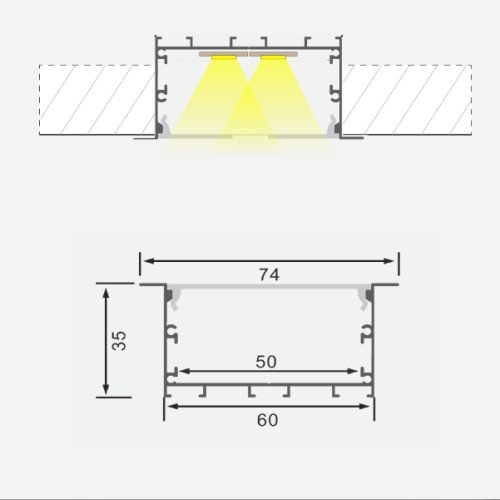 Anodized aluminum profile for 1-5 rows of LED strip HB-74X35W