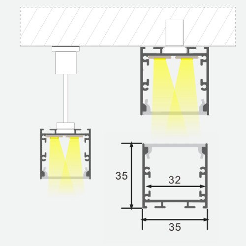 Anodēts augsts alumīnija profils 1-4 LED lentes rindām HB-35X35